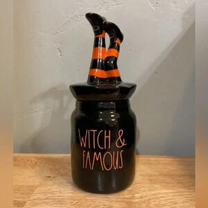 - Rae Dunn "WITCH AND FAMOUS" Canister w/Leg Topper. HALLOWEEN. Brand new!